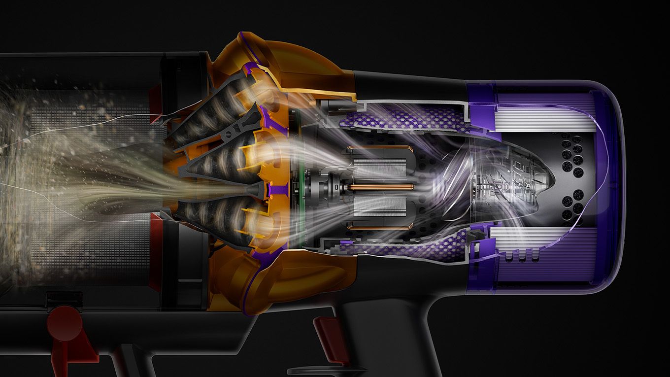 A cutaway of the side of a Dyson V15s Detect Submarine showing debris being filtered throughout the machine. Dyson V15s Detect Submarine debris being filtered throughout the machine.