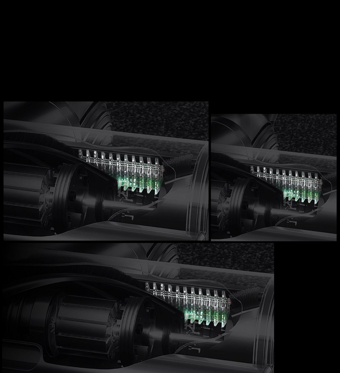 Extreme cutaway closeup of the Digital Motorbar cleaner head comb.