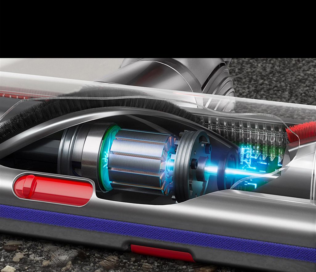 Cutaway closeup of the Digital Motorbar cleaner head showing light transmitting through a motor onto a sensor.
