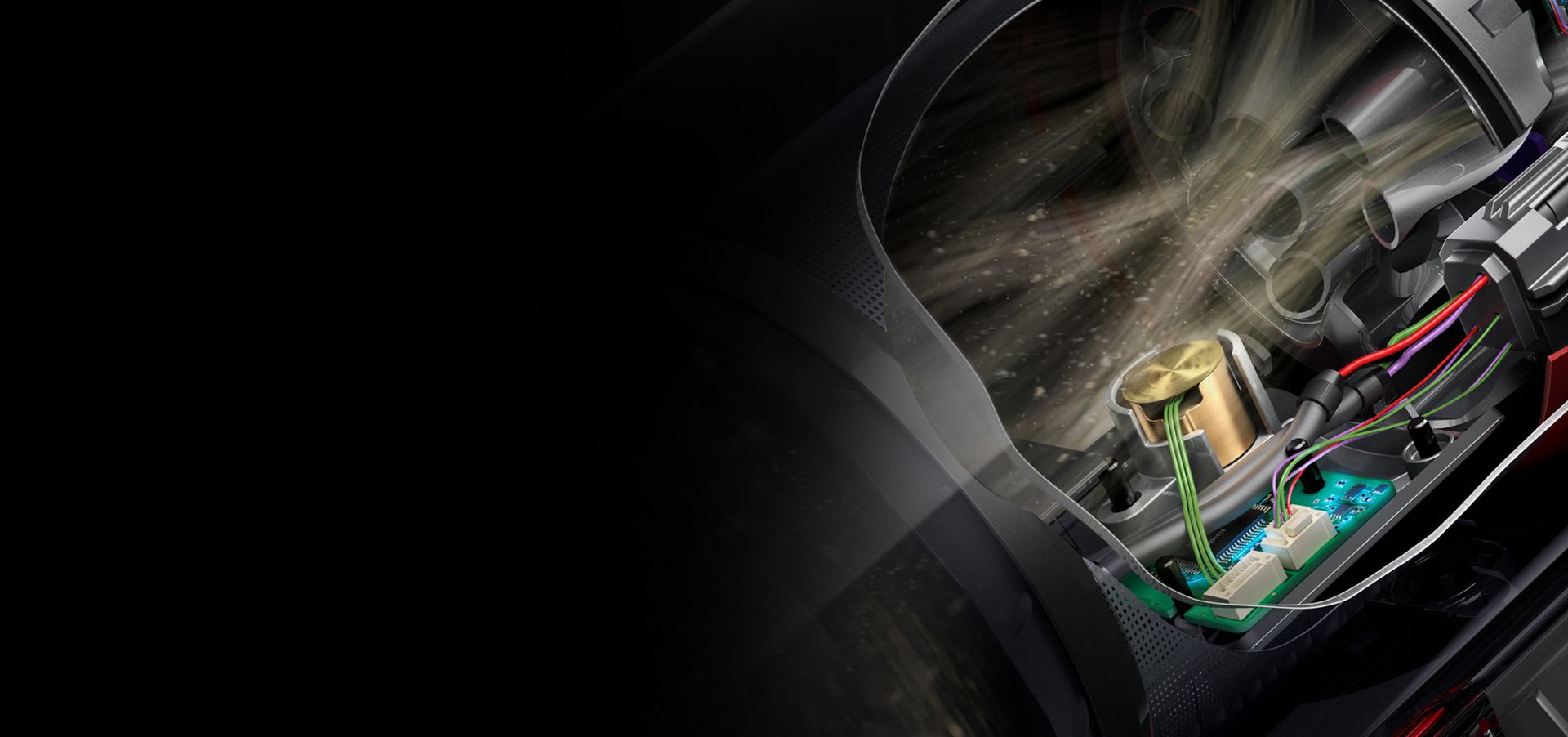 A cutaway of the side of a Dyson V15s showing debris being filtered through the machine across a sensor.