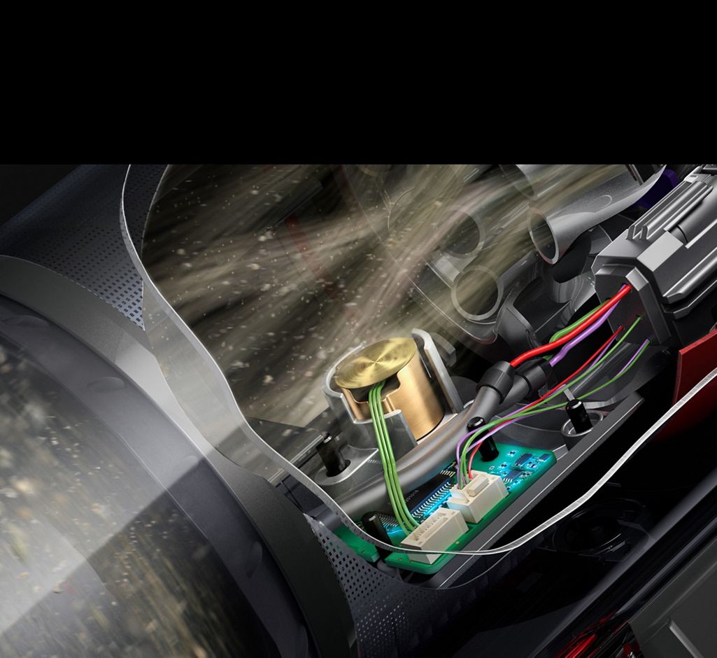 A cutaway of the side of a Dyson V15s showing debris being filtered through the machine across a sensor.