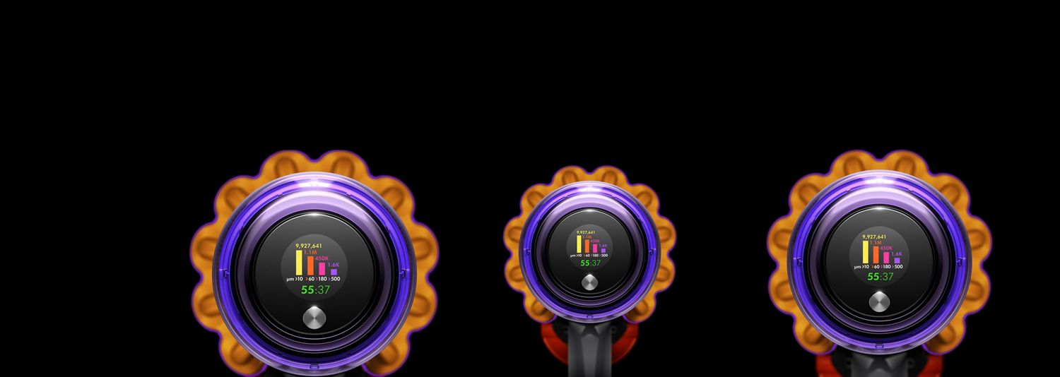 Dyson V15s Detect Submarine showing the Selection button and LCD user screen displaying the run time and particle counts. Dyson Vacuum Cleaner V15S Detect Submarine