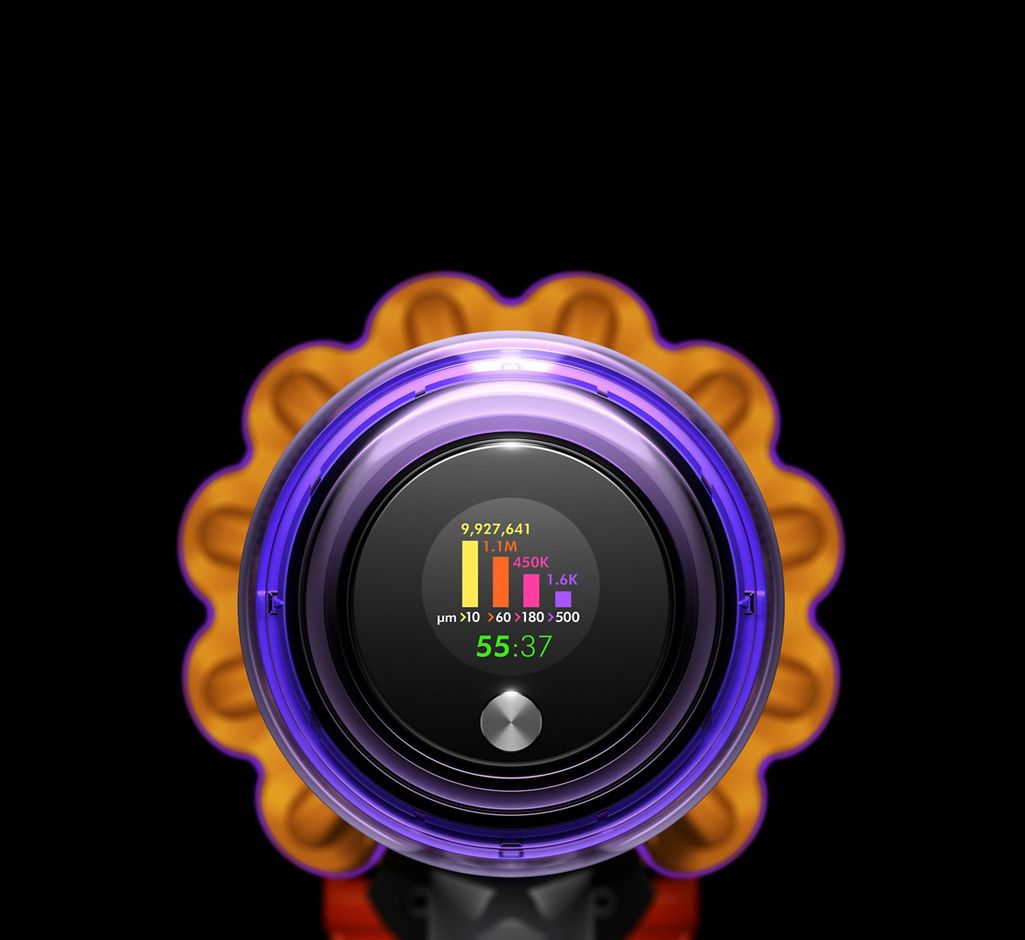Top view of the Dyson V15s Detect Submarine showing the Selection button and LCD user screen displaying the run time and particle counts.