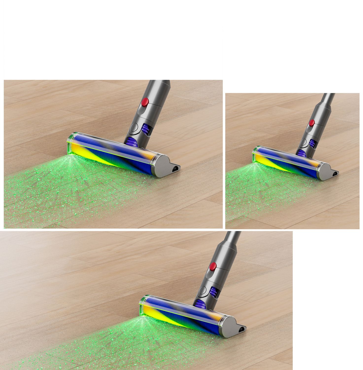 Green light emitting from the Fluffy Optic cleaner head on a laminate floor.