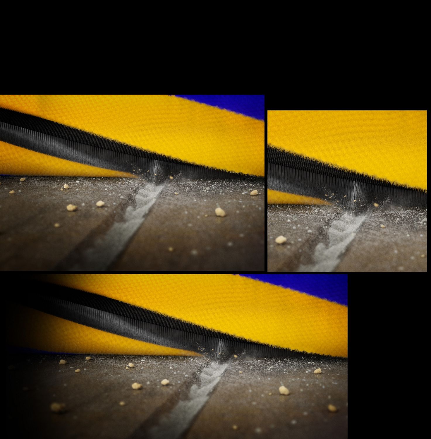 Extreme closeup of the brush bar as it rotates and the carbon fibre filament scoops up dust from a groove on a hard floor. Dyson Vacuum Cleaner V15S Detect Submarine