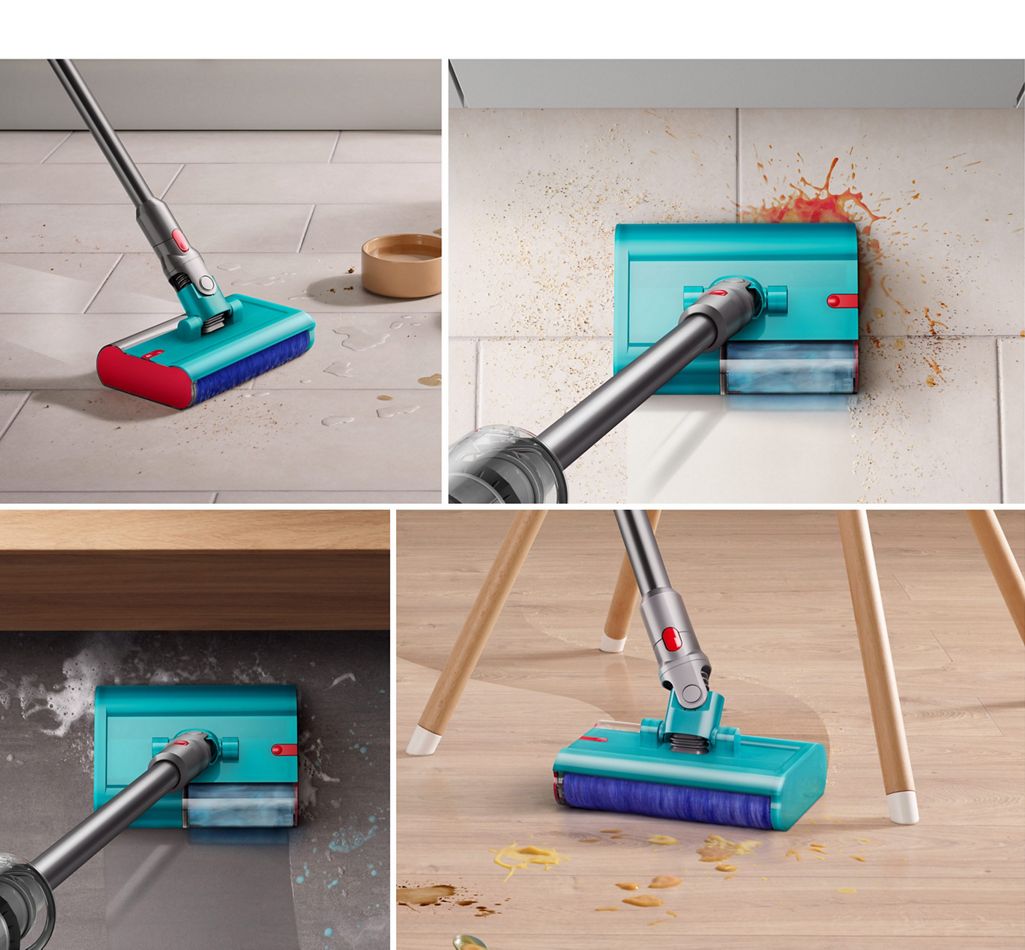 Split screen image of Dyson Submarine cleaner head cleaning up debris in 4 different scenarios. 