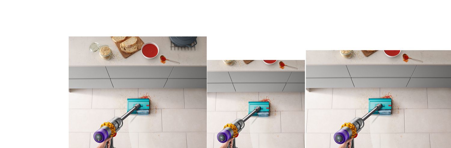 Dyson V15s Detect Submarine wet roller head clearing up spilt soup and breadcrumbs. Dyson Vacuum Cleaner V15S Detect Submarine