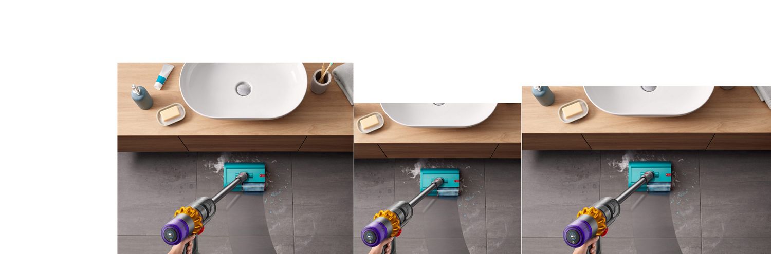 Dyson V15s Detect Submarine wet roller head cleaning a tiled bathroom floor. Dyson Vacuum Cleaner V15S Detect Submarine