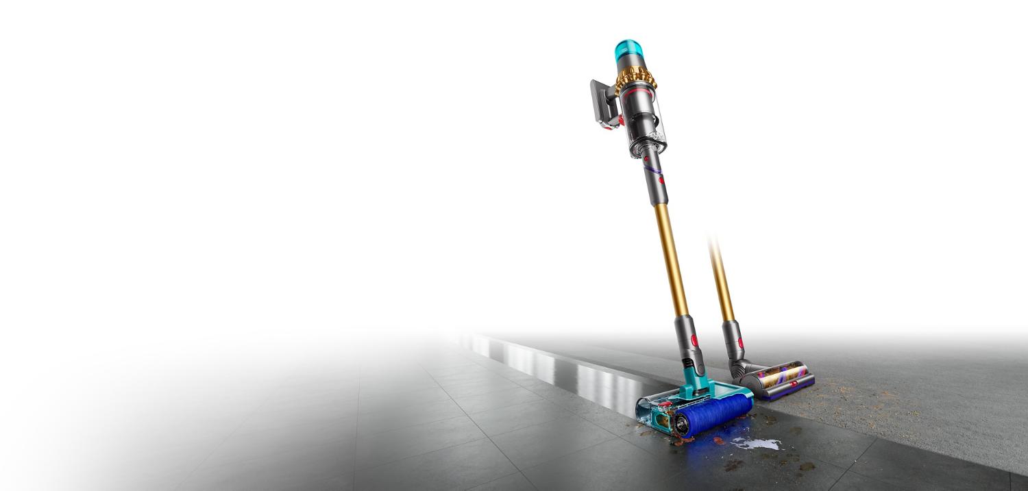 Dyson V15s Detect Submarine with wet roller head washes hard floor. Second cleaner head sits behind it.