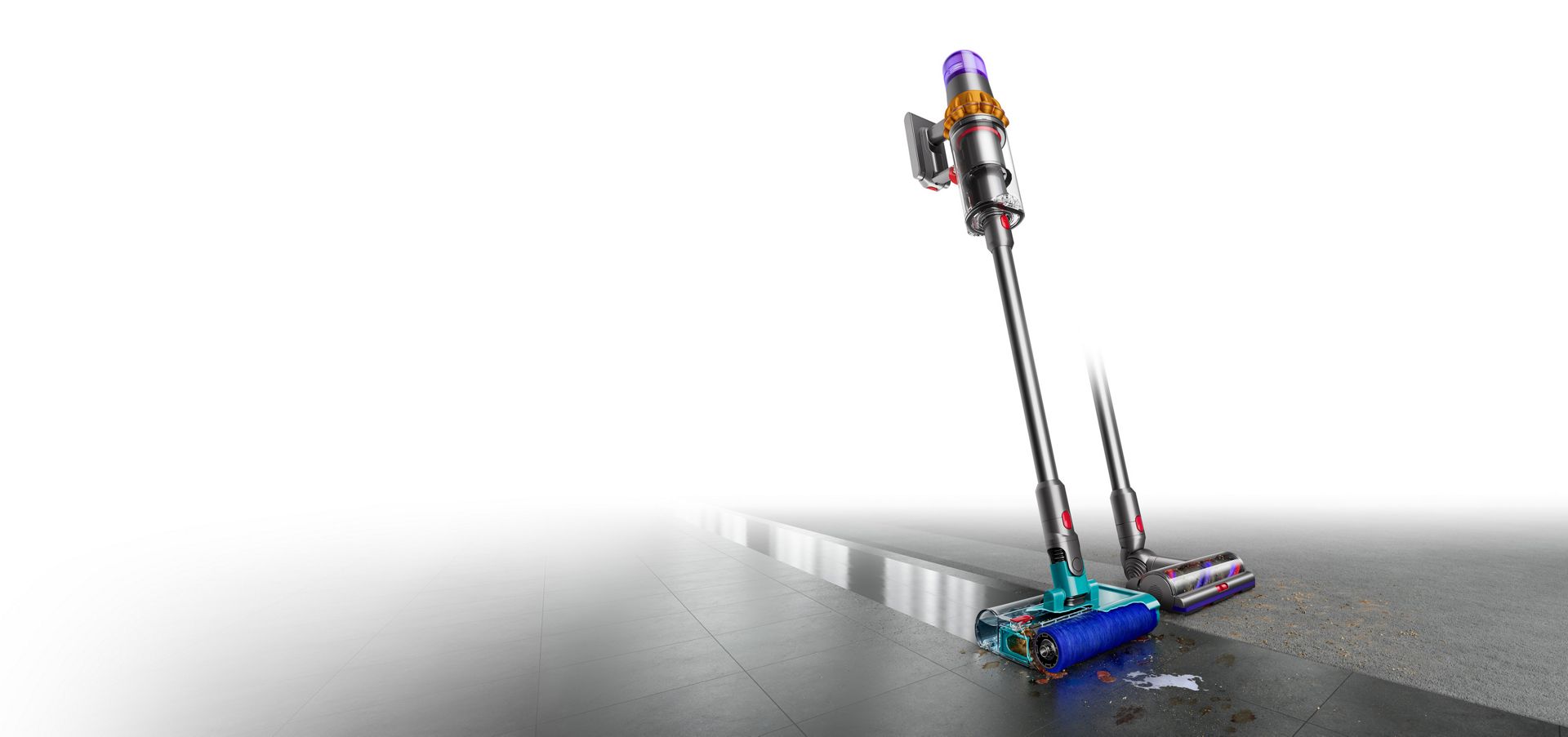 Dyson V15s Detect Submarine with wet roller head washes hard floor. Second cleaner head sits behind it.