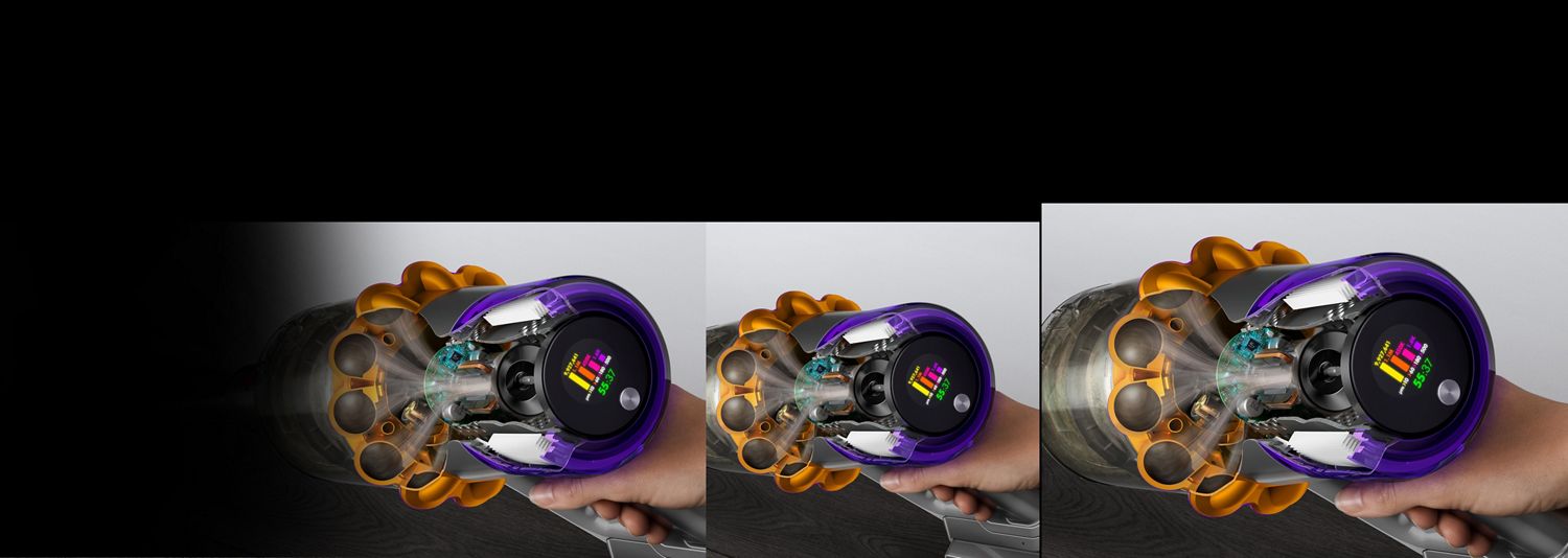 A cutaway of the side of a Dyson V15s showing debris being filtered through the machine across a sensor.
