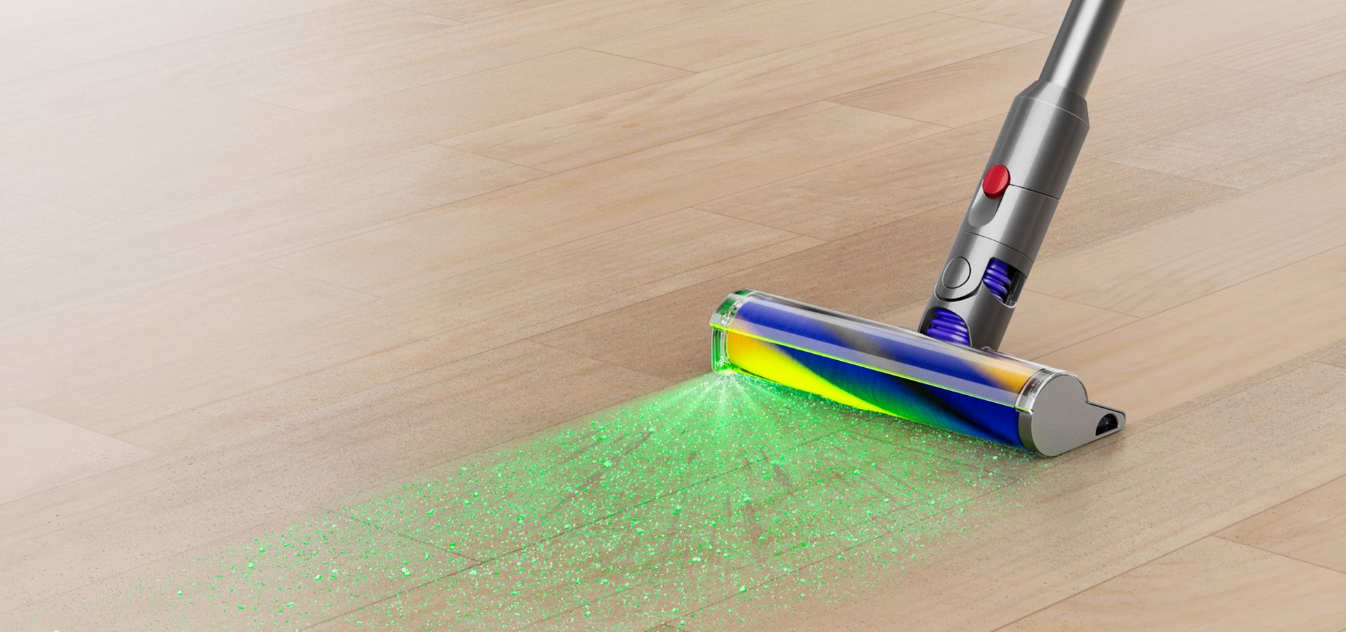 Green light emitting from the Fluffy Optic cleaner head on a laminate floor.