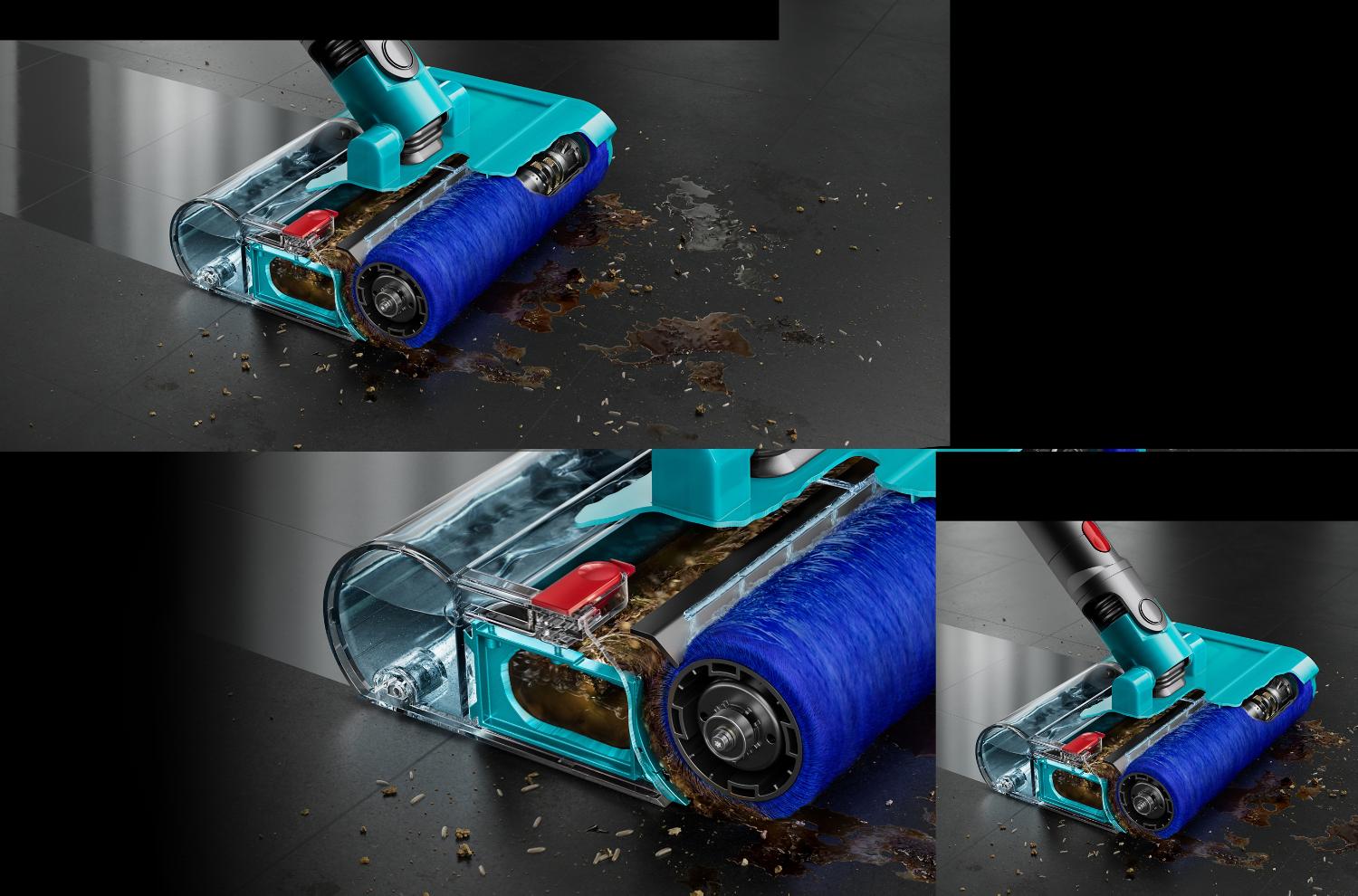 Cutaway closeup of the Motorised wet roller on a stone floor with some debris to the front and side leaving behind a clean sheen.