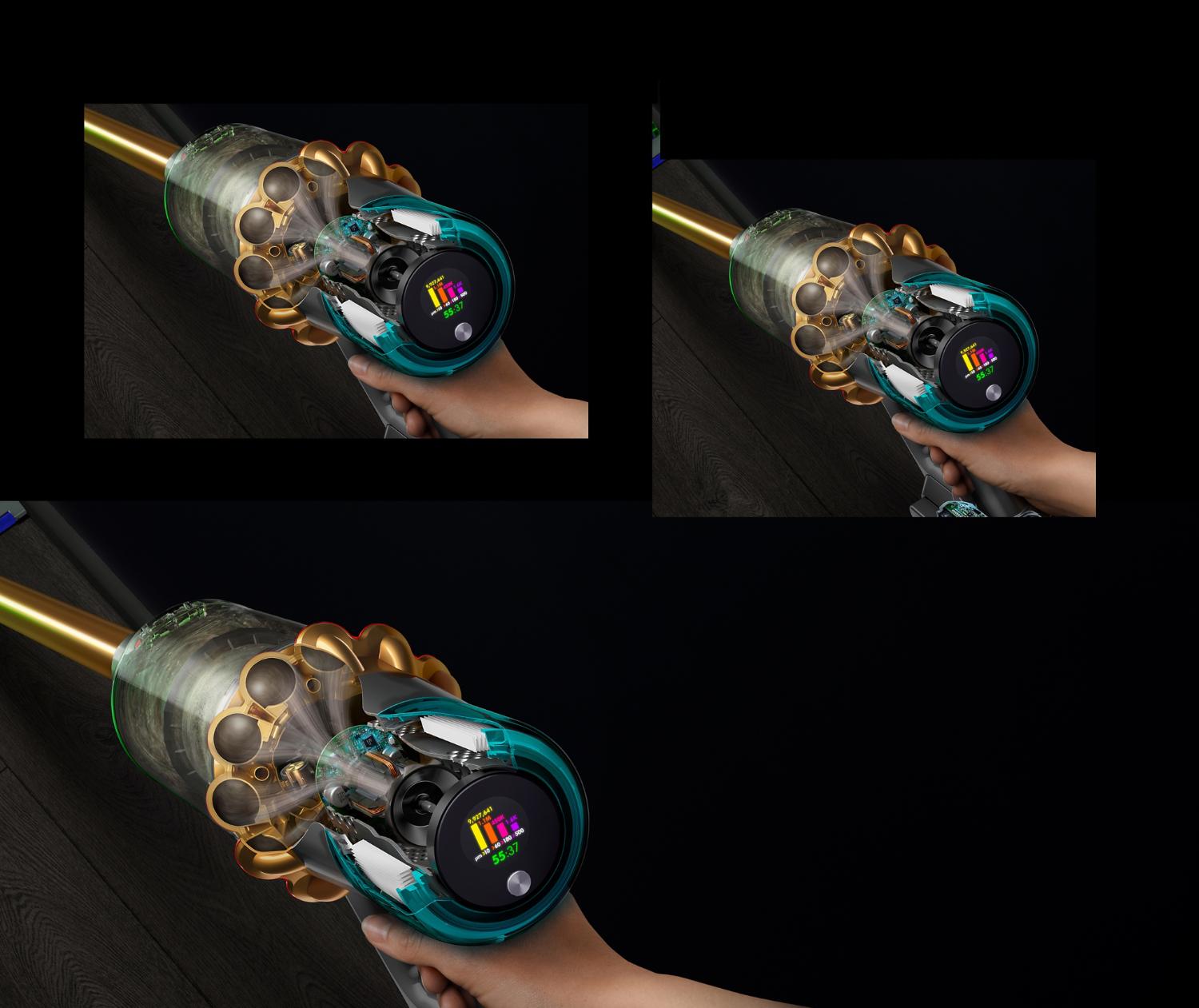 Vue en coupe du côté d’un Dyson V15s montrant des débris en train d’être filtrés et l’écran ACL affichant sa durée d’autonomie et le nombre de particules aspirées.