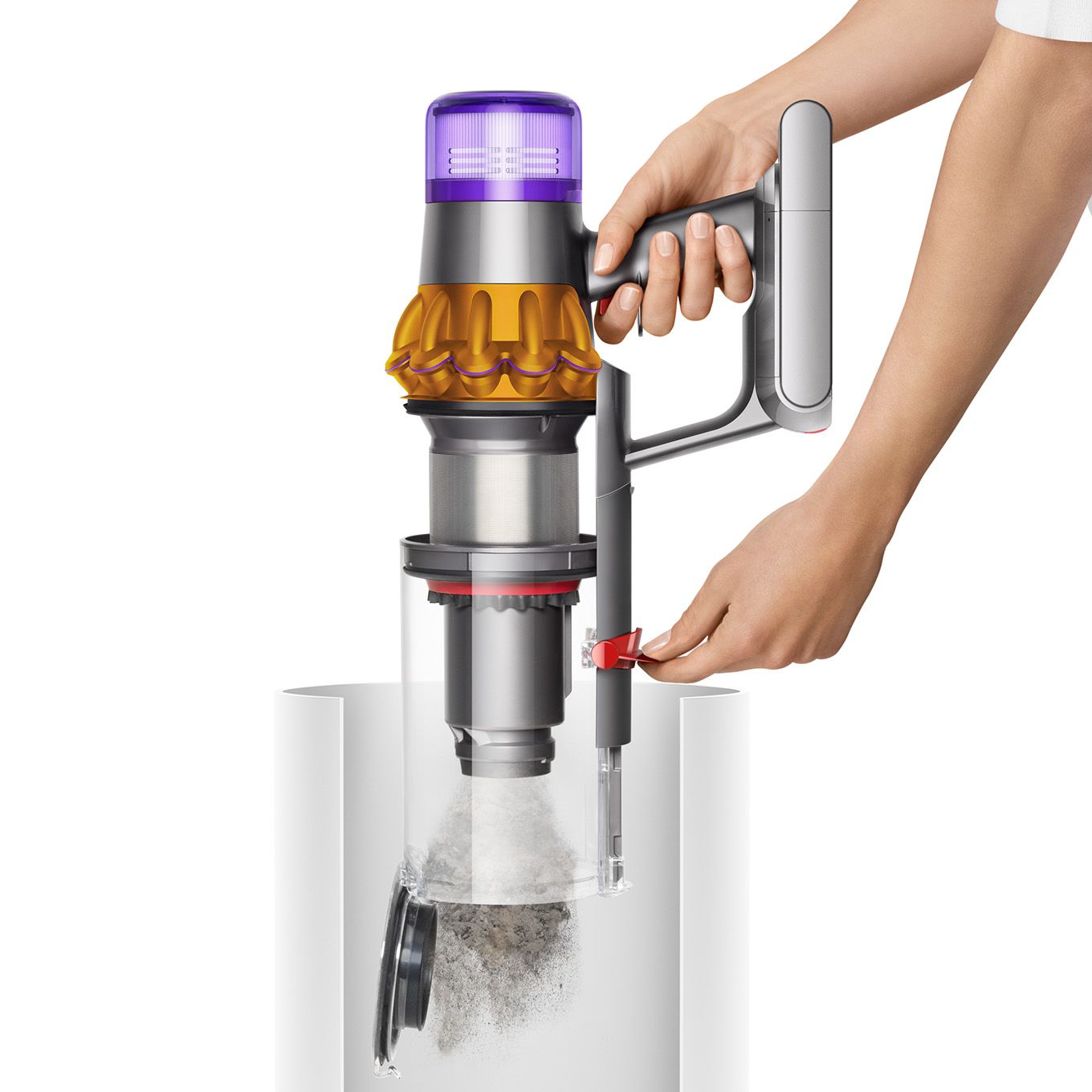 A person is emptying the bin of a V15s into the waste bin. Emptying the bin of a V15s into the waste bin.