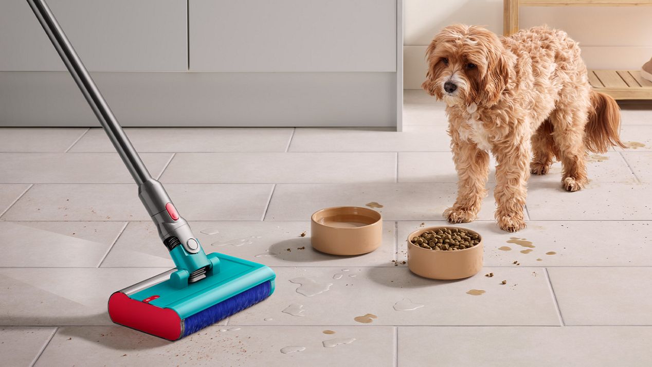 Dyson Submarine wet roller head cleans pet food spills