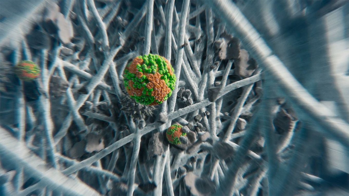 Inside Dyson’s advanced filtration system showing trapped particles.