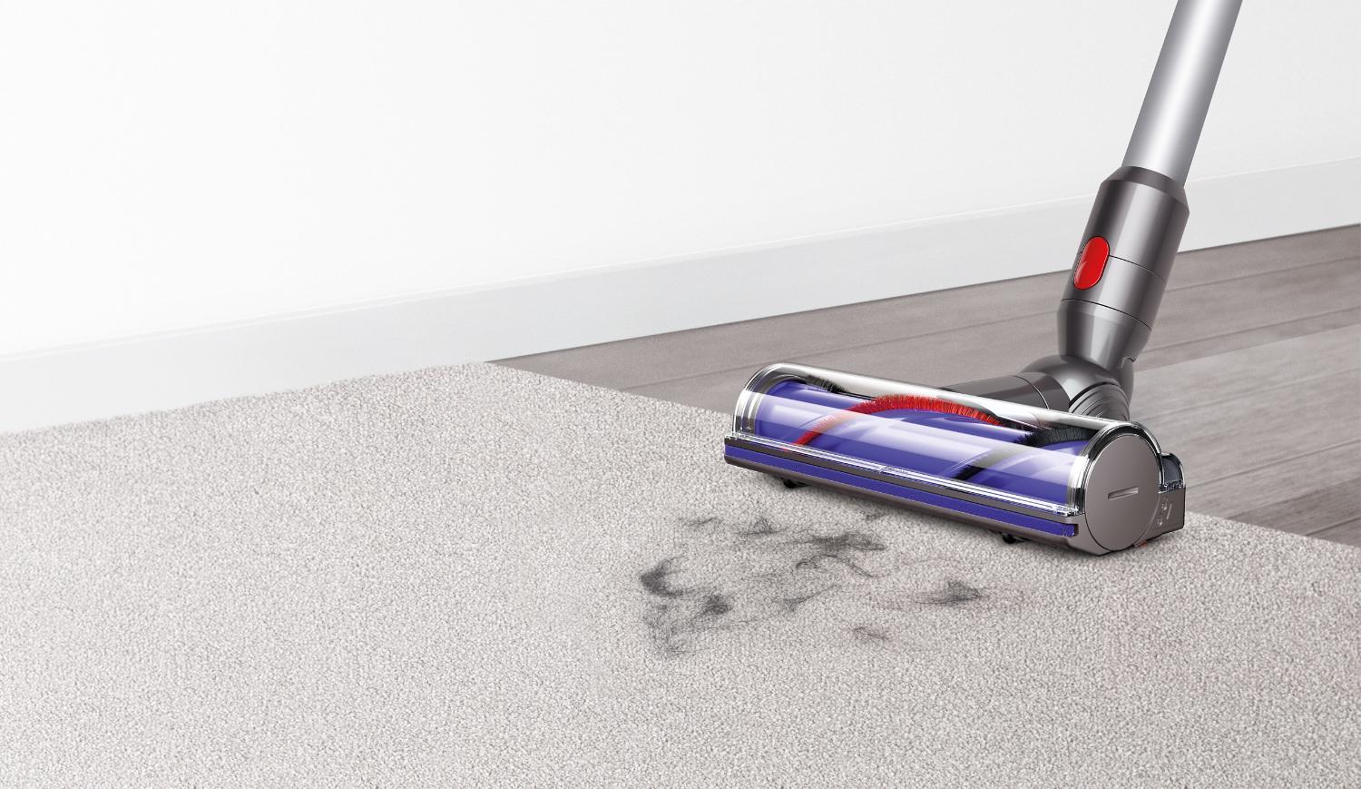 Dyson V7 cordless vacuum cleaner head on carpet