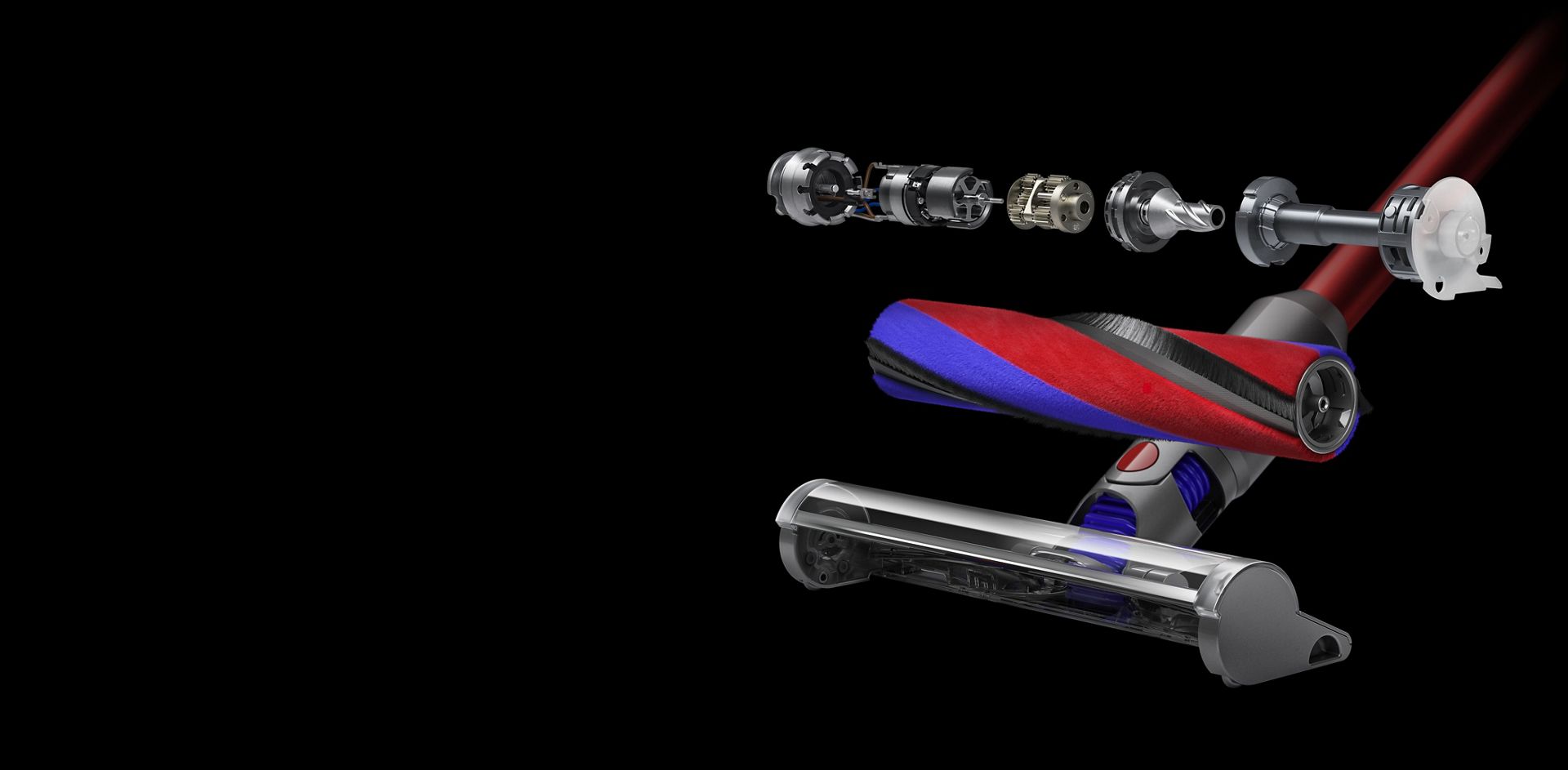 Dyson V8 Slim Fluffyクリーナー内部のテクノロジーがポップアウトしてブラシバーとデジタルモーターを表示