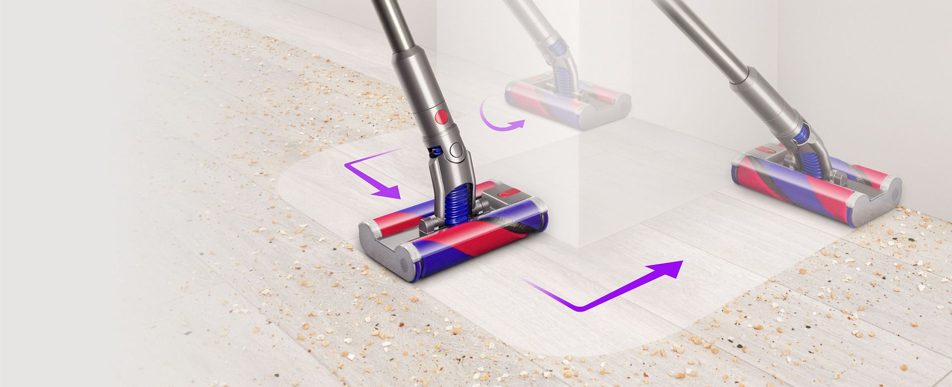 Dyson omnidirectional Fluffy™-mundstykke manøvrerer omkring en forhindring.