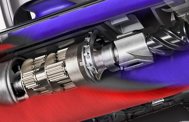 Schnittdarstellung des in die Bürstwalze integrierten Motors. 