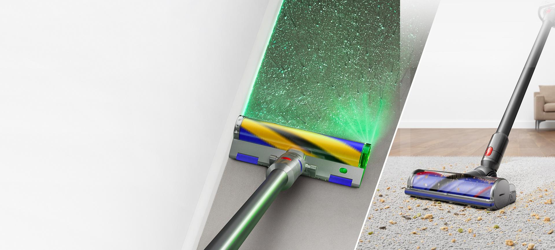 prezentacja dwóch elektroszczotek odkurzacza Dyson V12 Detect Slim - podświetlanej elektroszczotki Slim Fluffy oraz elektroszczorki Motorbar