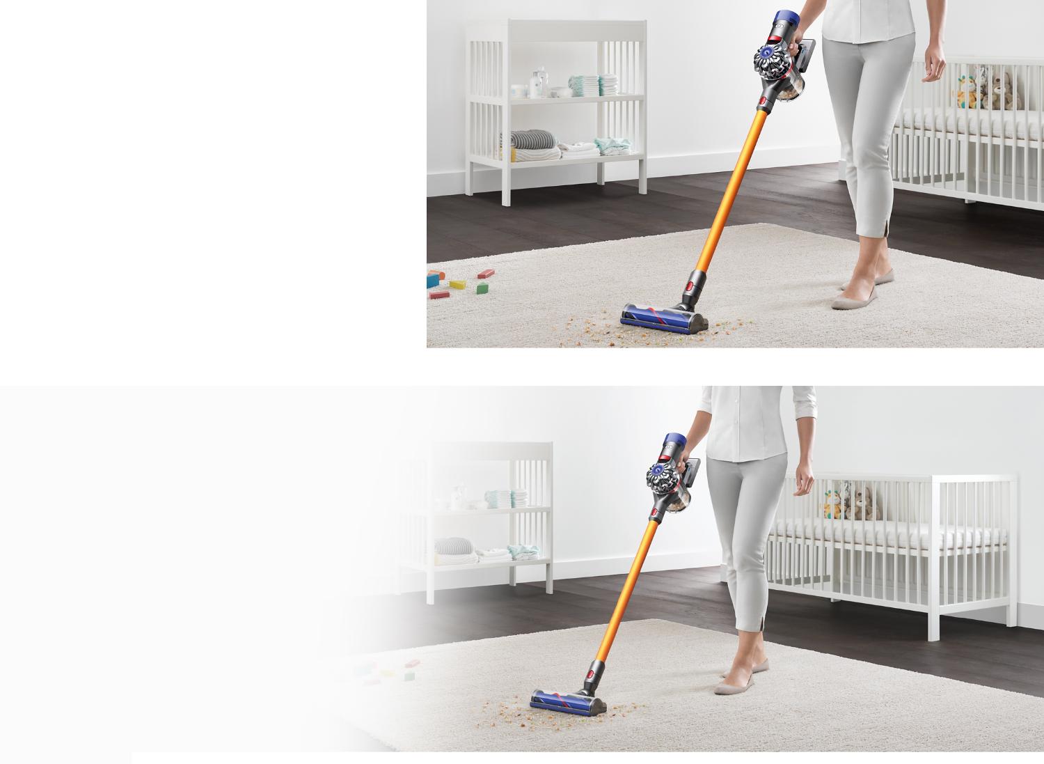 Modella che utilizza un Dyson V8 per pulire un tappeto color crema nella stanza di un bambino.