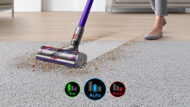 Cleaner head on carpet with image of screen showing three power modes