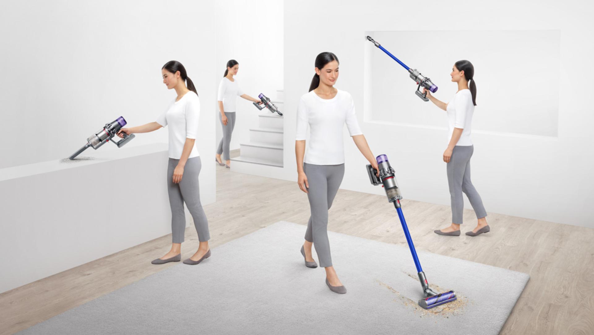 Woman vacuuming in different places around a home