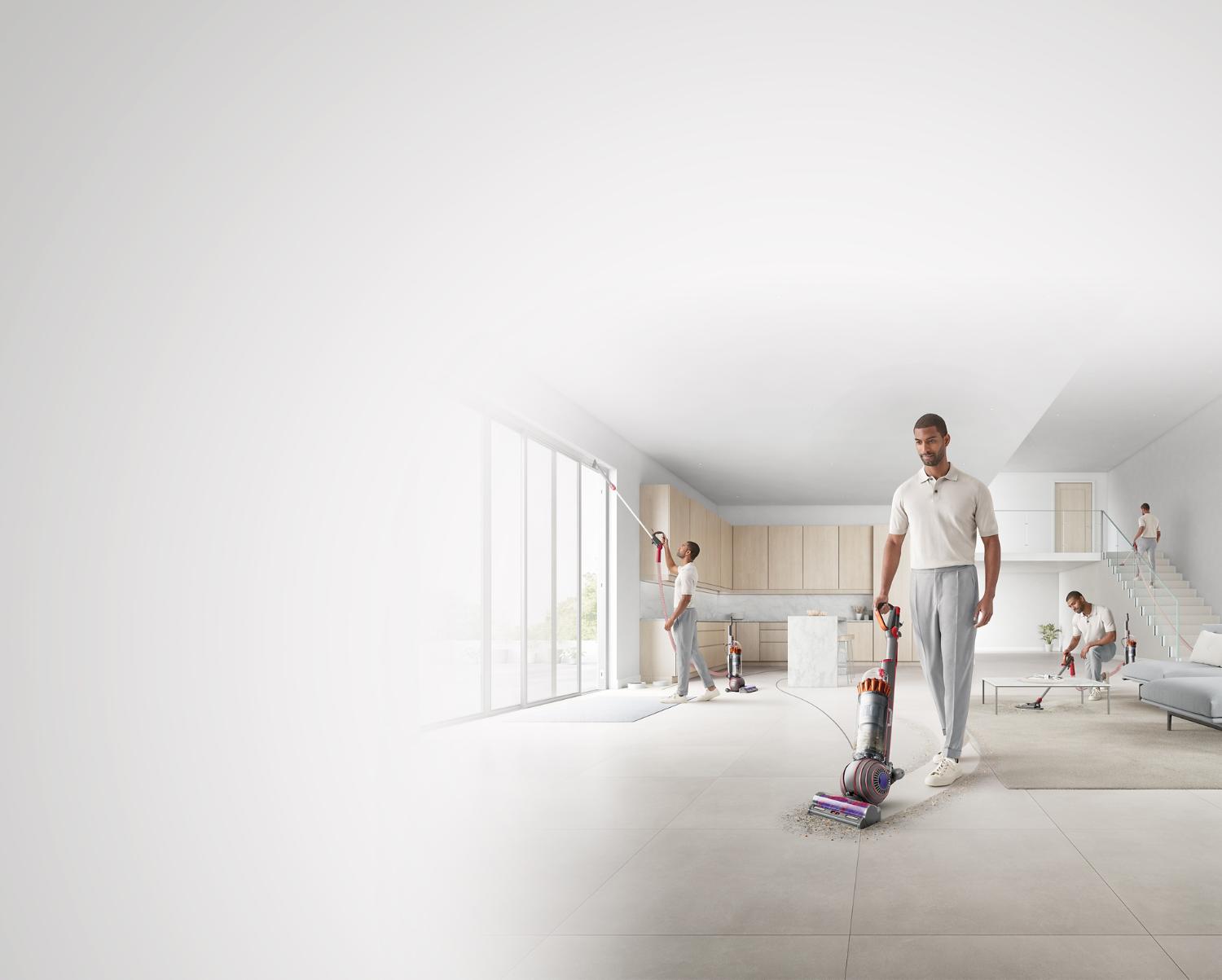 Woman cleaning in different areas with a Dyson Ball Animal 3 vacuum