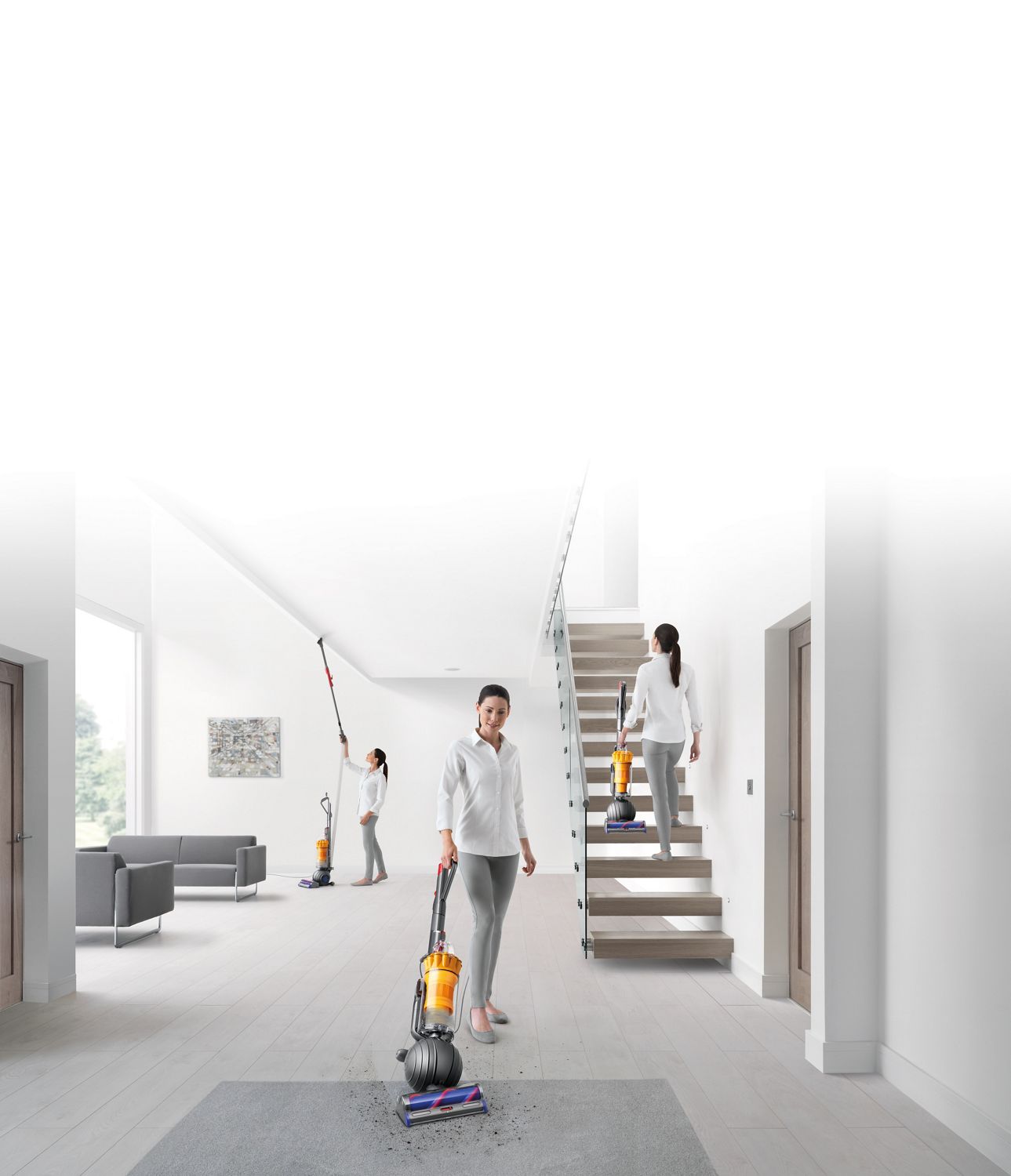 Model using vacuum around the home