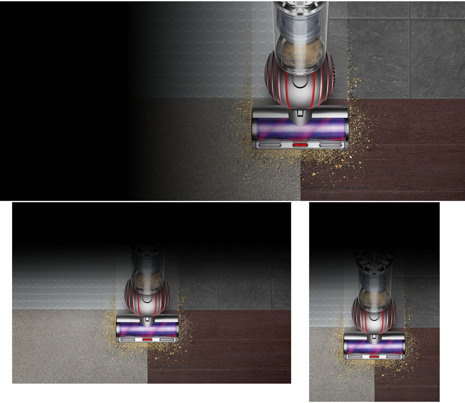Overhead view of the Dyson Ball Animal Complete vacuum removing debris from carpets and hard floor.