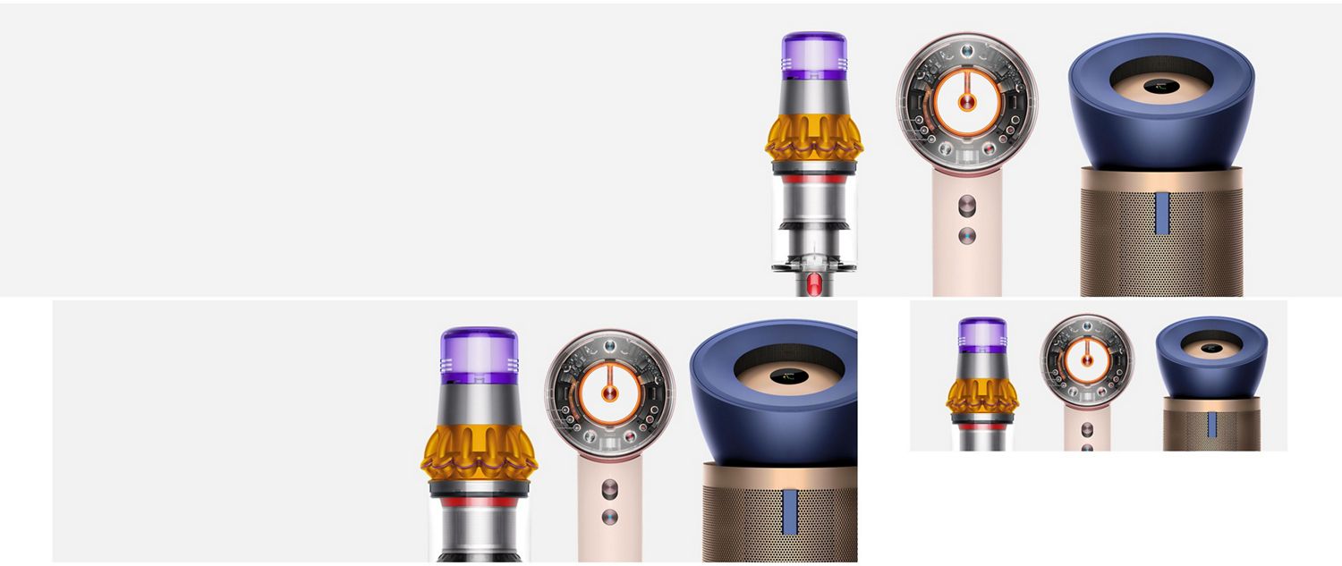 Dyson V15 Detect cordless vacuum, Supersonic Nural hair dryer, and Purifier Big + Quiet Formaldehyde BP04 purifying fan.