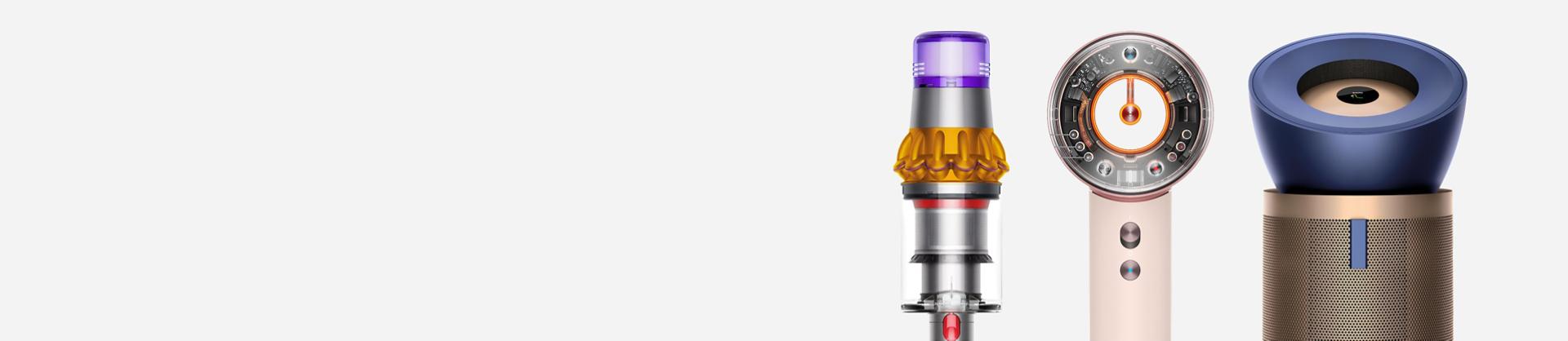 Dyson V15 Detect cordless vacuum, Supersonic Nural hair dryer, and Purifier Big + Quiet Formaldehyde BP04 purifying fan.