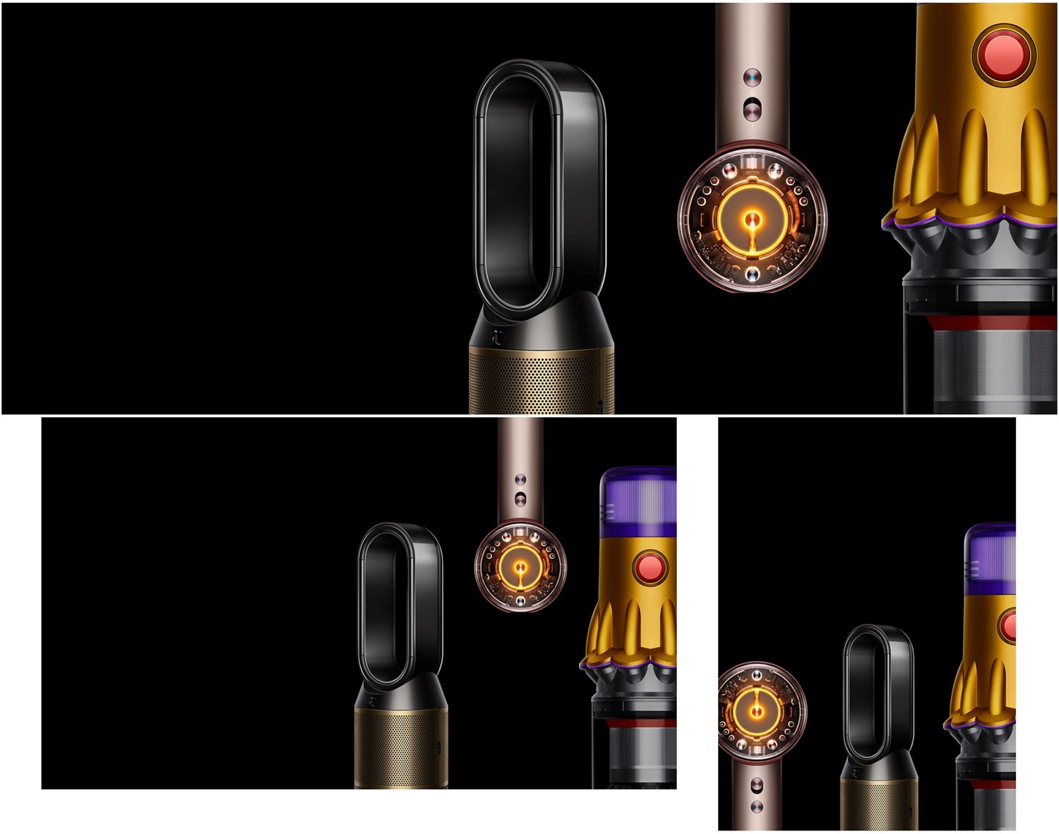 Uma seleção de produtos Dyson sobre um fundo preto