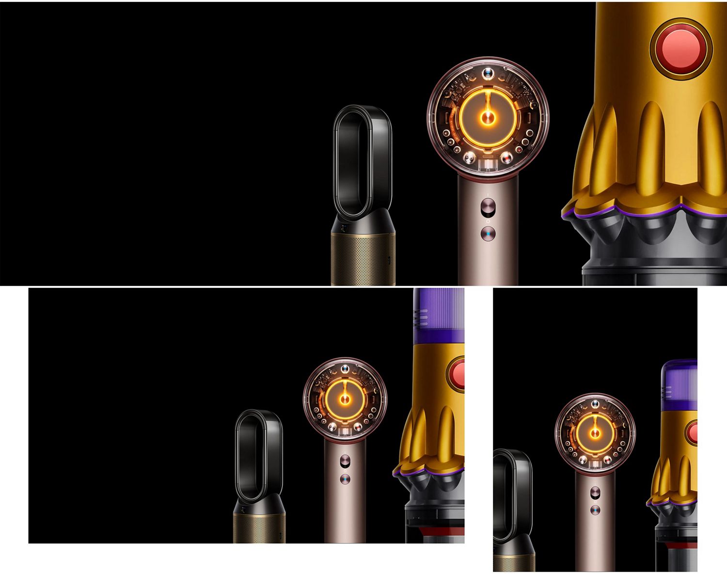 Eine Reihe von Dyson Produkten auf schwarzem Hintergrund