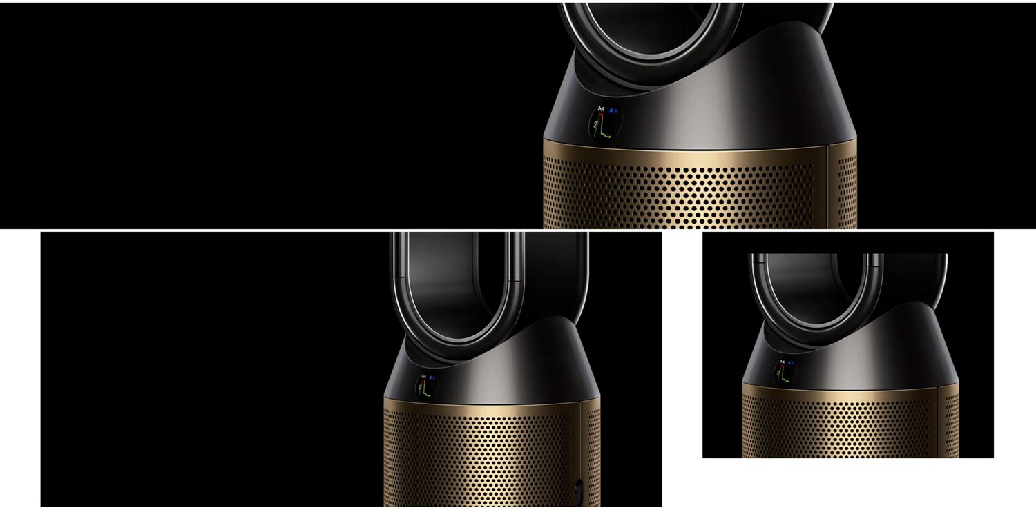 Primo piano di un purificatore ventilatore Dyson in colorazione oro e nero su sfondo nero.