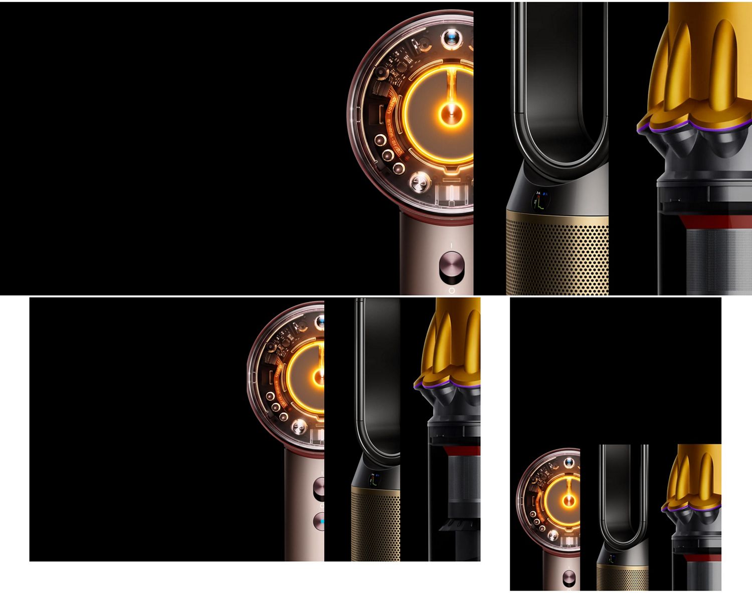 Uma seleção de produtos Dyson sobre um fundo preto