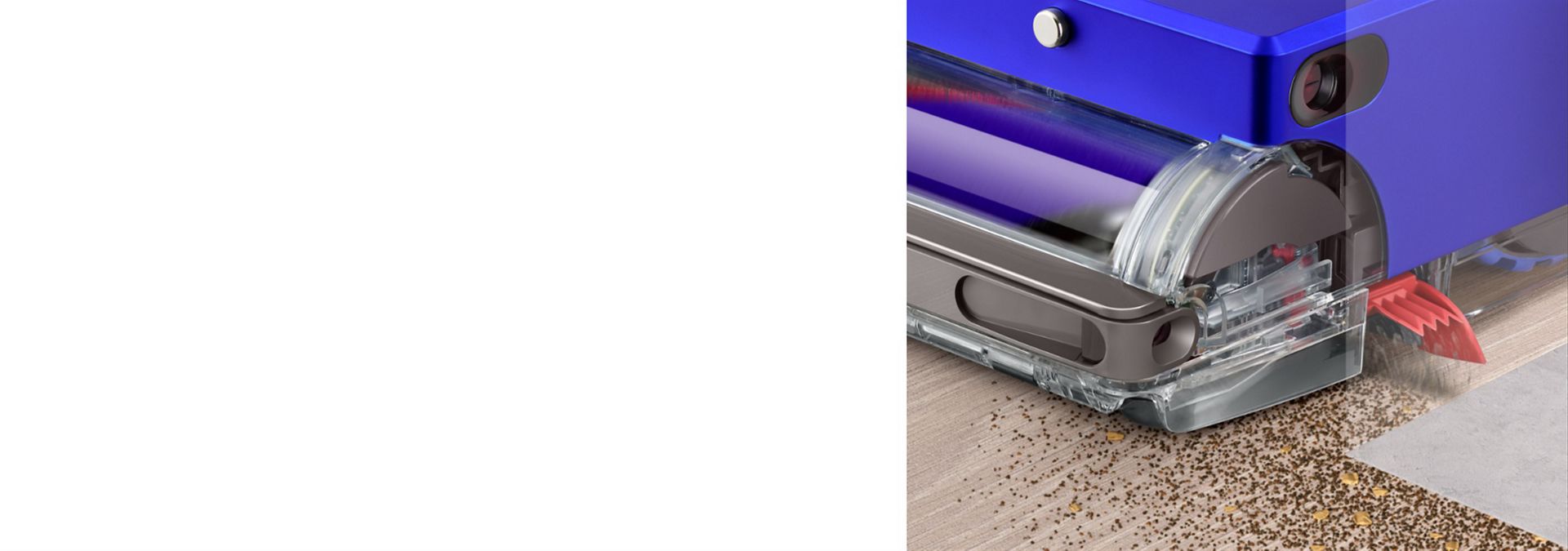 The Dyson 360 Vis Nav uses its extending side duct to clean right up to a wall.