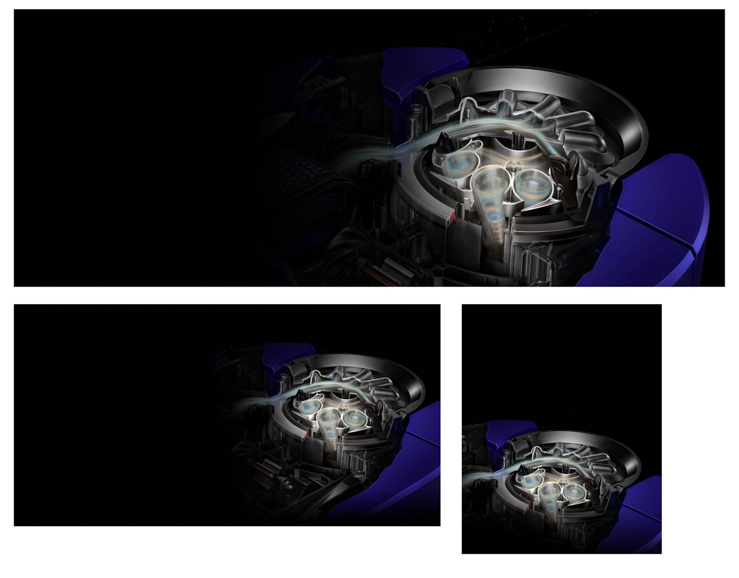Cutaway of the Dyson 360 Vis Nav robot vacuum showing the patented cyclones capturing dust.