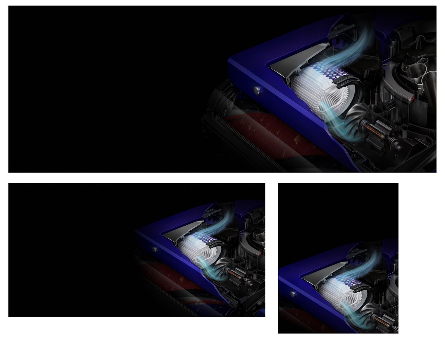 Cutaway of the Dyson 360 Vis Nav robot vacuum showing the HEPA filter within.
