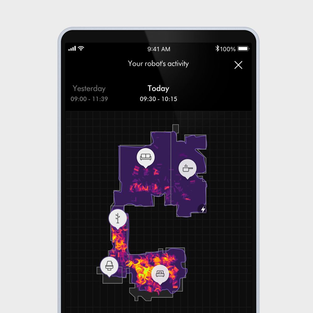 The MyDyson app shows a heat-map of picked up dirt around the home.