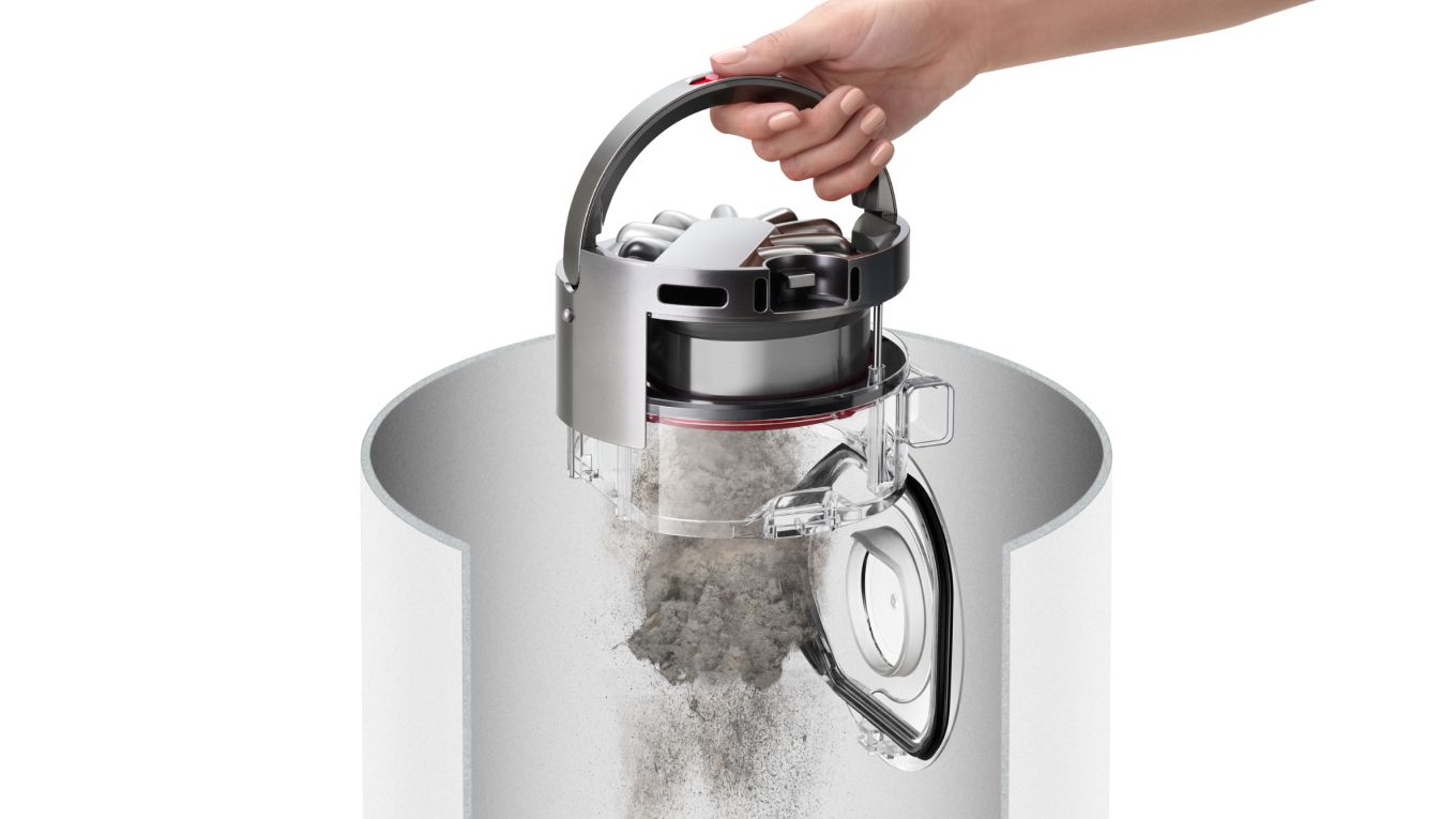 An owner emptied the large-capacity bin of the Dyson 360 Vis Nav robot vacuum.