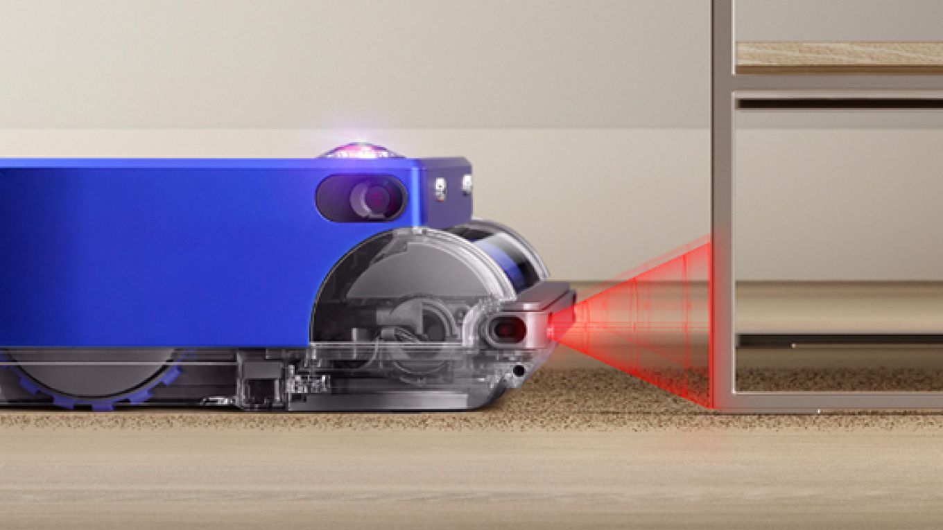 The Dyson 360 Vis Nav robot vacuum detects an obstacle before impacting.