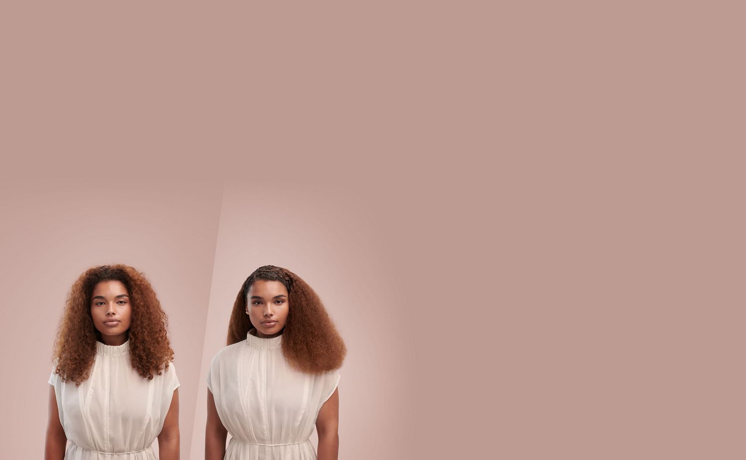 A model's before and after side-by-side. On the left her hair is straight and frizzy, on the right it is smooth and wavy.