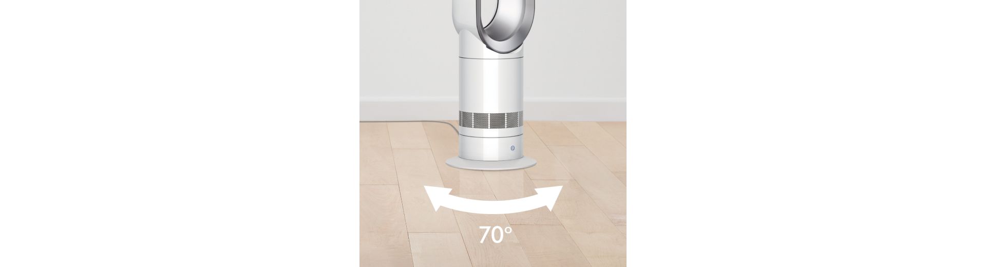 Primo piano del ventilatore a torre Dyson Cool con grafica che mostra gli angoli di oscillazione.