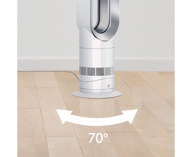 Der untere Abschnitt des Dyson Hot+Cool Jet Focus Heizlüfters mit einer Grafik, die eine 70°-Drehbewegung zeigt.