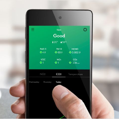 Ein Model verwendet die MyDyson App, um die Luftqualität in ihrem Zuhause zu überwachen.