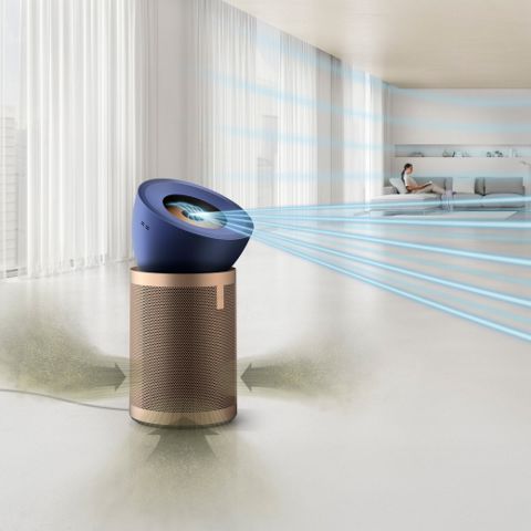 Il Dyson Purifier Big+Quiet Formaldehyde con una grafica verde che ne mostra la proiezione.