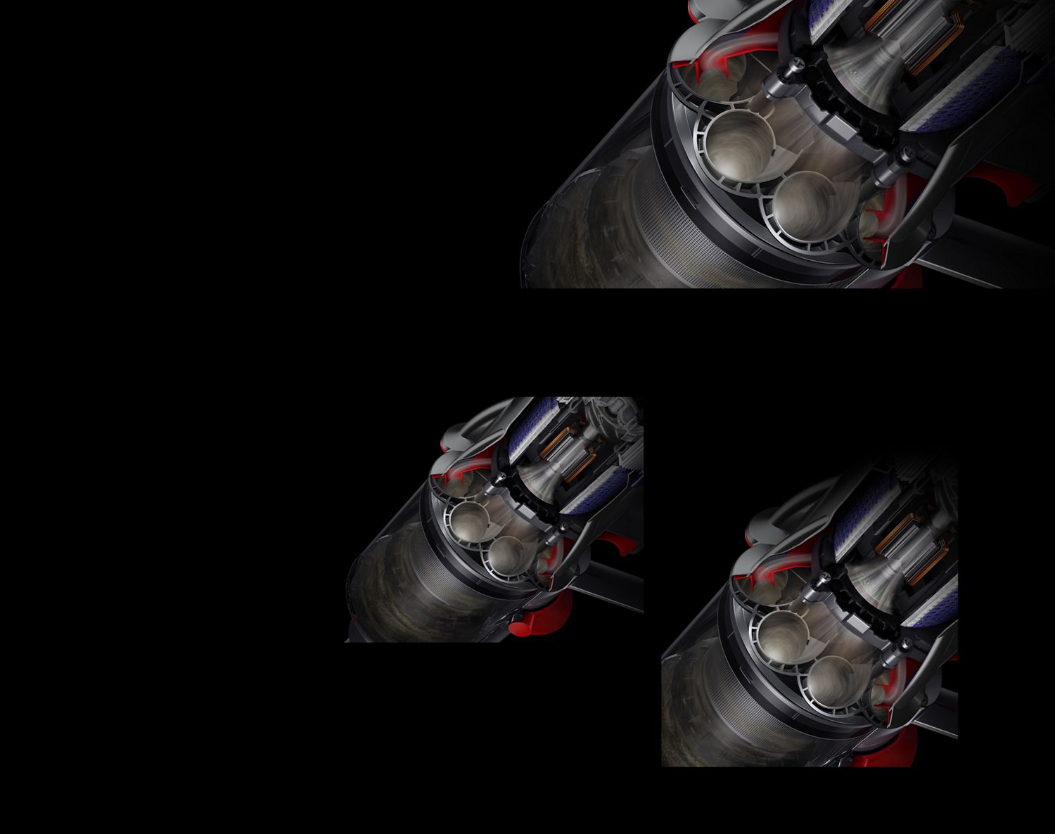 Close-up cutaway showing the cyclones inside the Dyson Digital Slim vacuum.